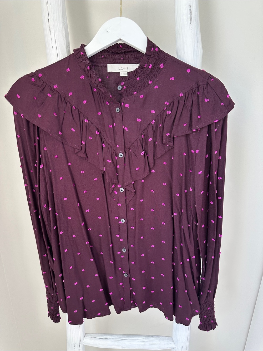 LOFT Plum Button-Front Blouse with Pink Dot Print Size Large